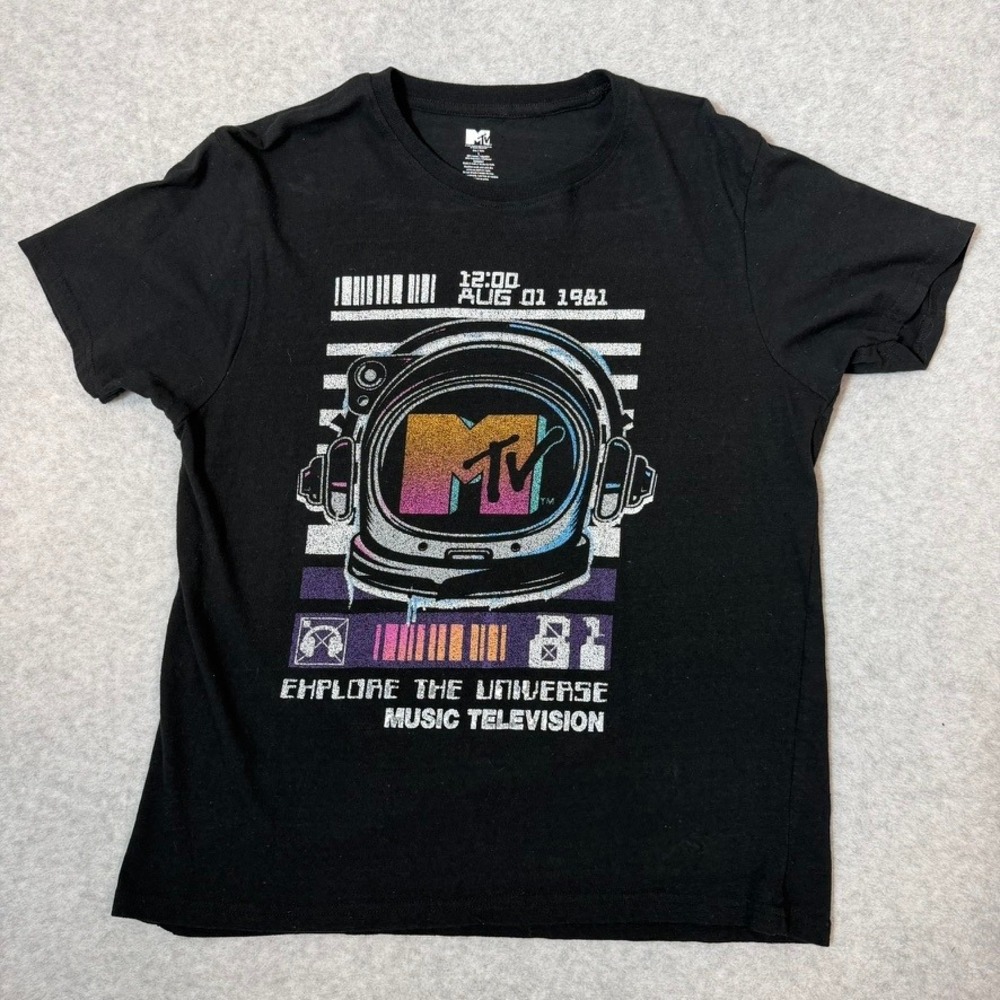 MTV Explore The Universe T-Shirt Men's L Black Astronaut 1981 Graphic Tee